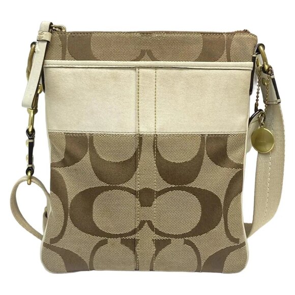 COACH Signature Stripe Solid Swing Pack 41207 Khaki Cream Jacquard Leather - Picture 1 of 9